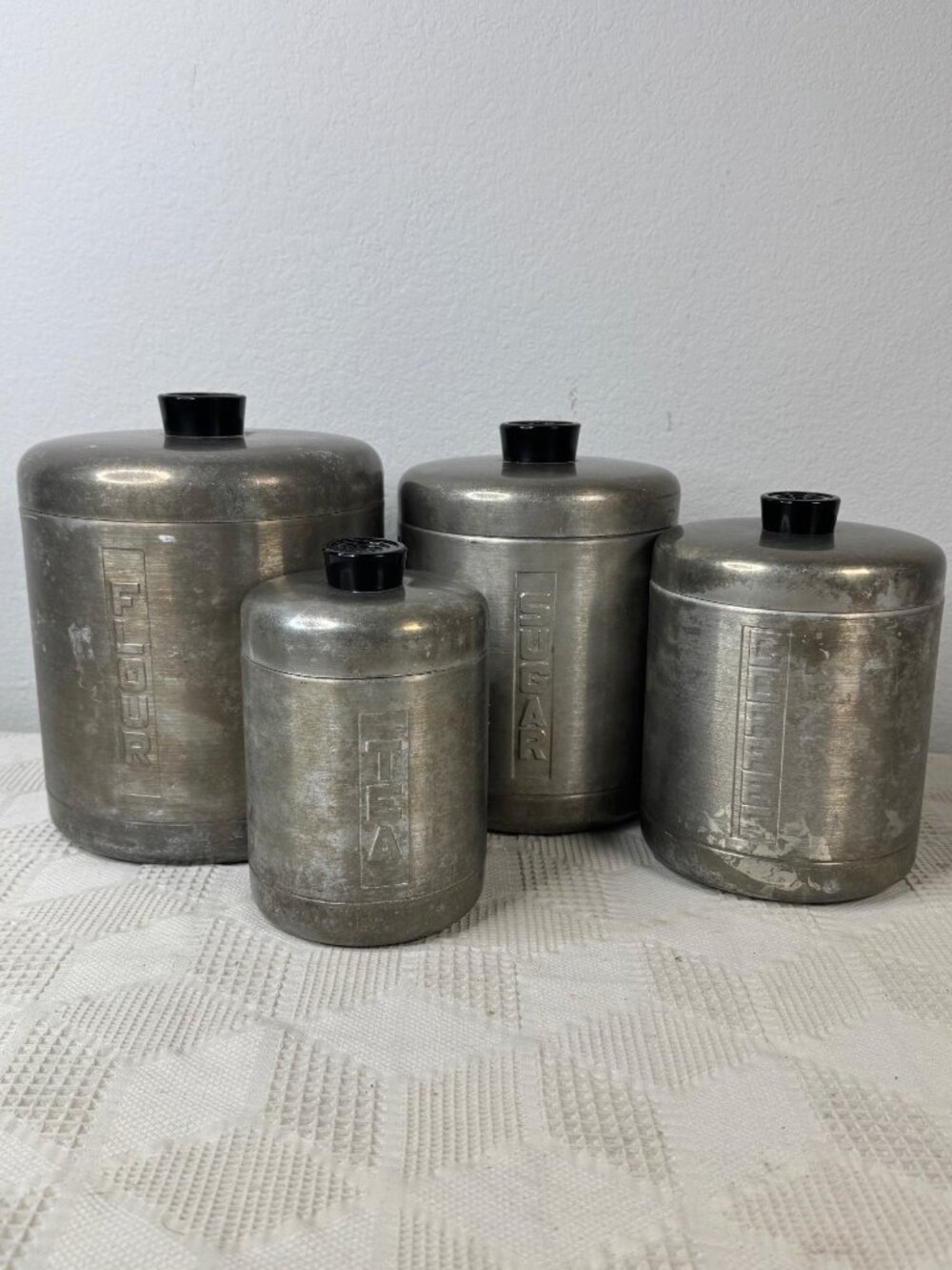 Century Aluminum Kitchen Canister Set of 4 with Black Knobs Vintage Mid Century